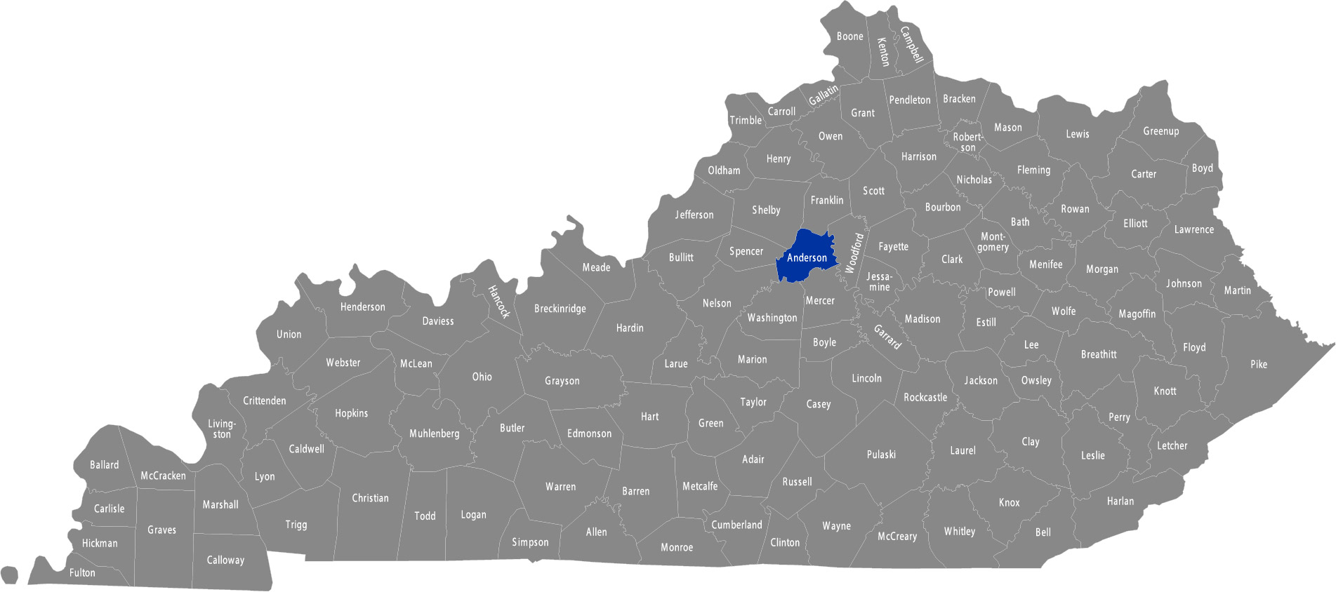 Kentucky map with Anderson county highlighted in blue