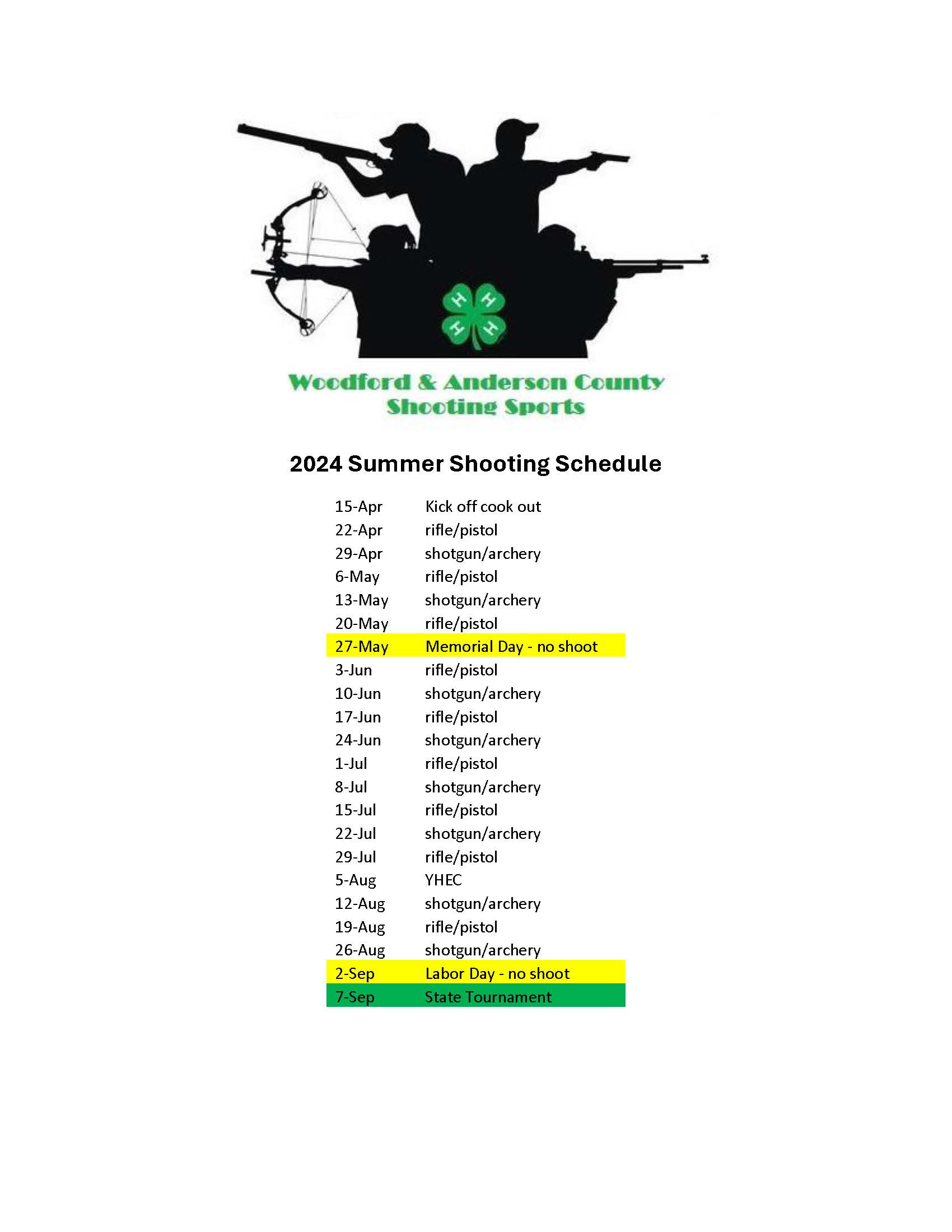 Flyer containing shooting sports schedule with date and times
